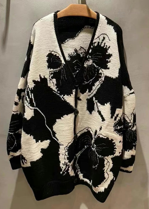 Jacquard Black V Neck Button Patchwork Knit Coat Long Sleeve