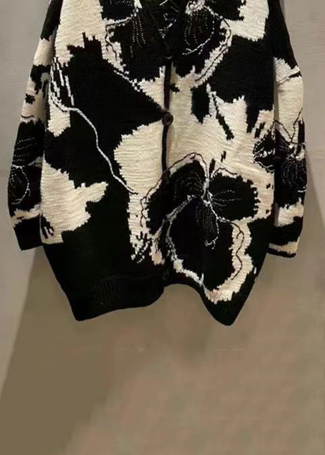 Jacquard Black V Neck Button Patchwork Knit Coat Long Sleeve