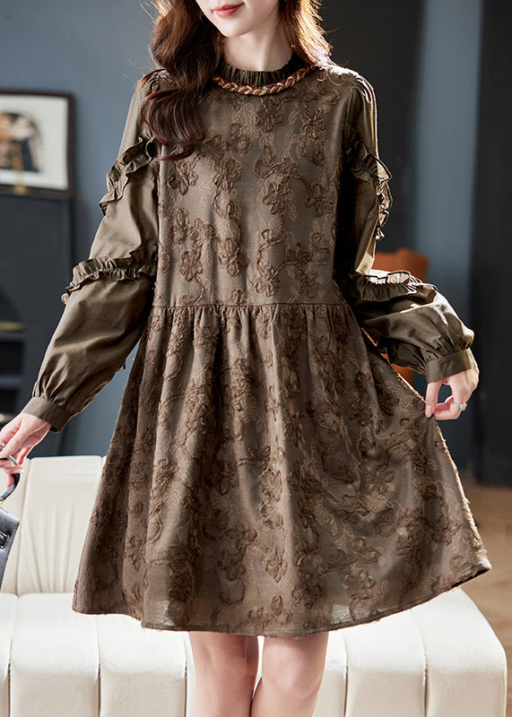 Jacquard Blackish Green O Neck Ruffled Patchwork Cotton Dress Fall