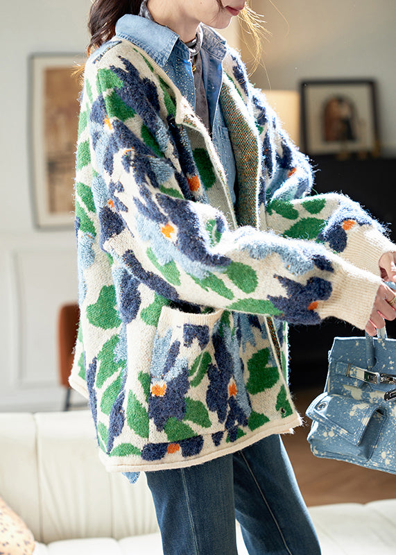Jacquard Blue Button Pockets Knit Coats Spring
