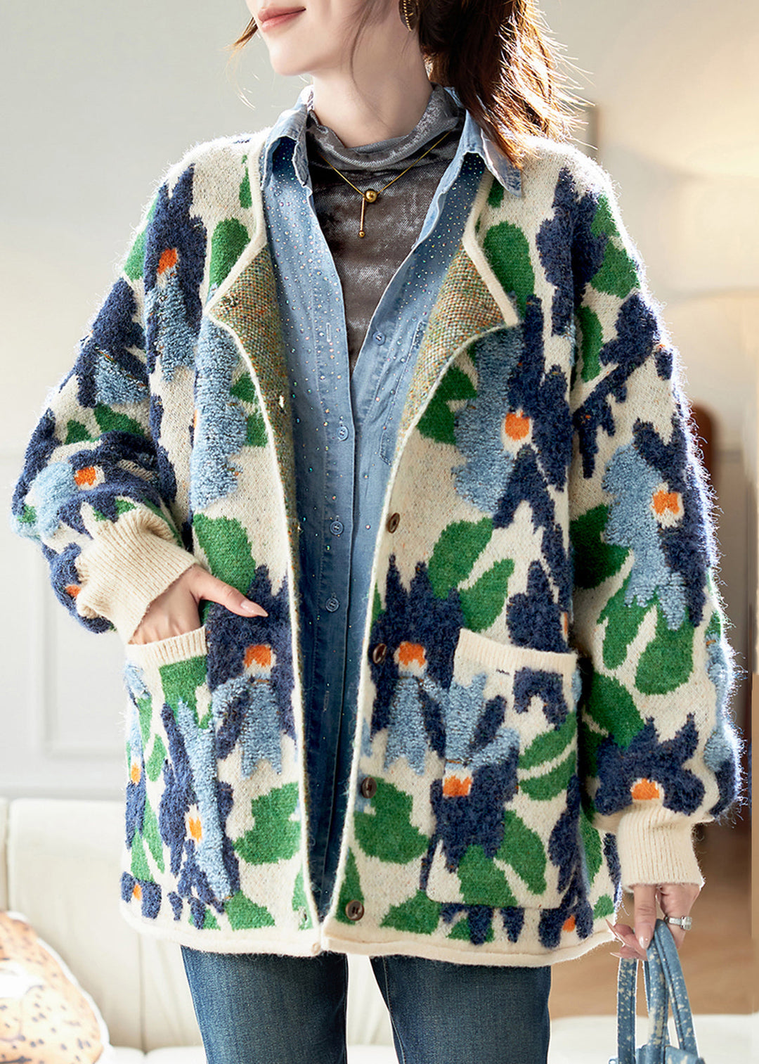 Jacquard Blue Button Pockets Knit Coats Spring