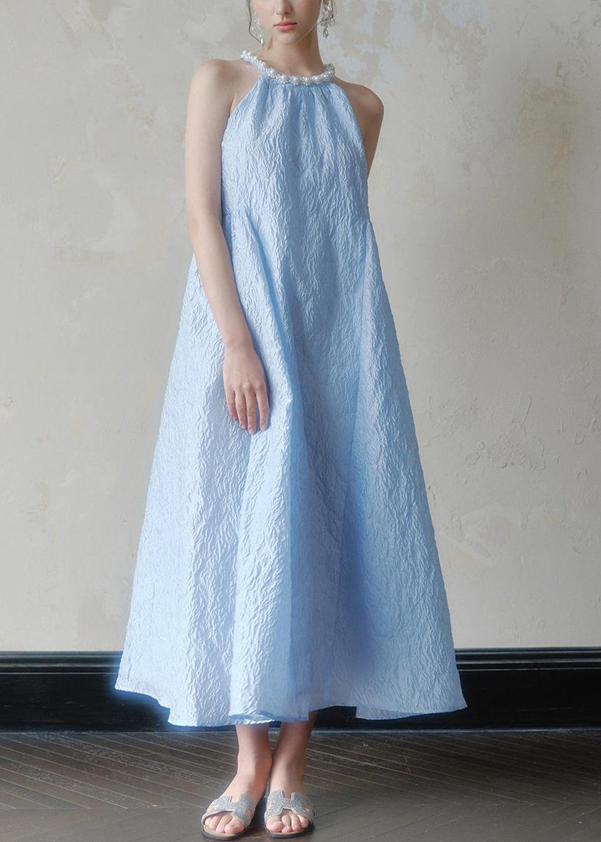 Jacquard Blue Halter Beading Maxi Dress Summer