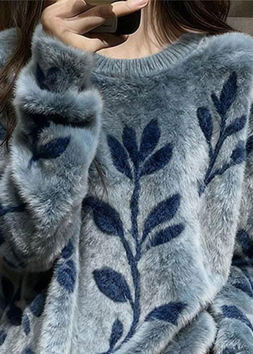 Jacquard Blue O-Neck Cozy Mink Hair Knitted Sweater Spring