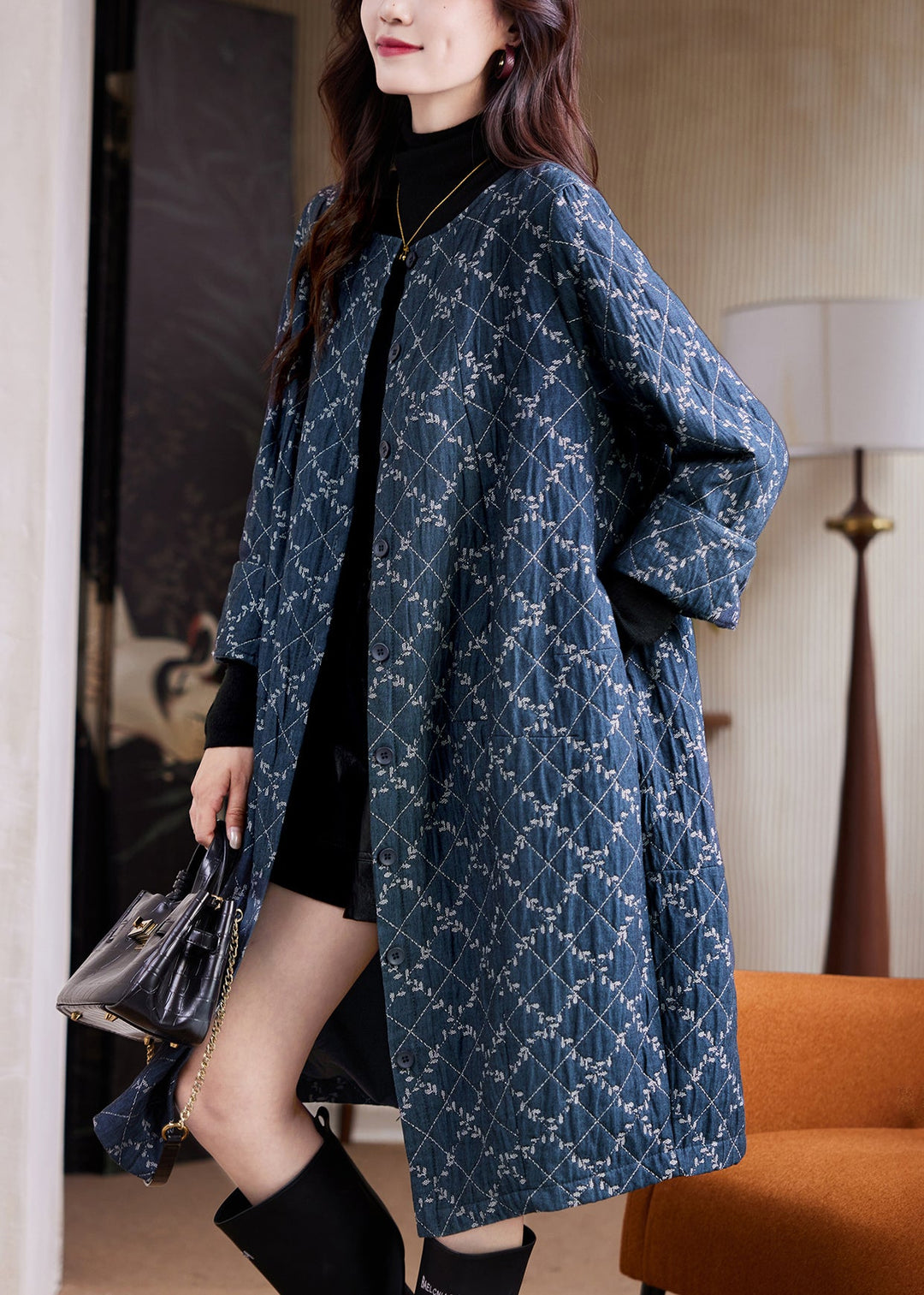 Jacquard Blue O Neck Plaid Button Cotton Long Coat Fall