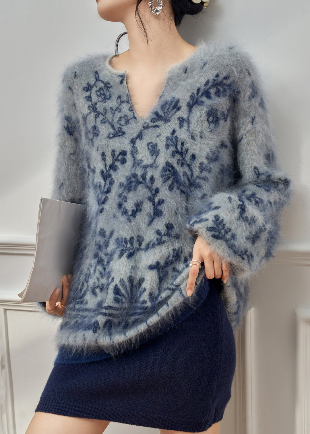 Jacquard Blue V Neck Cozy Knit Sweater Tops Winter