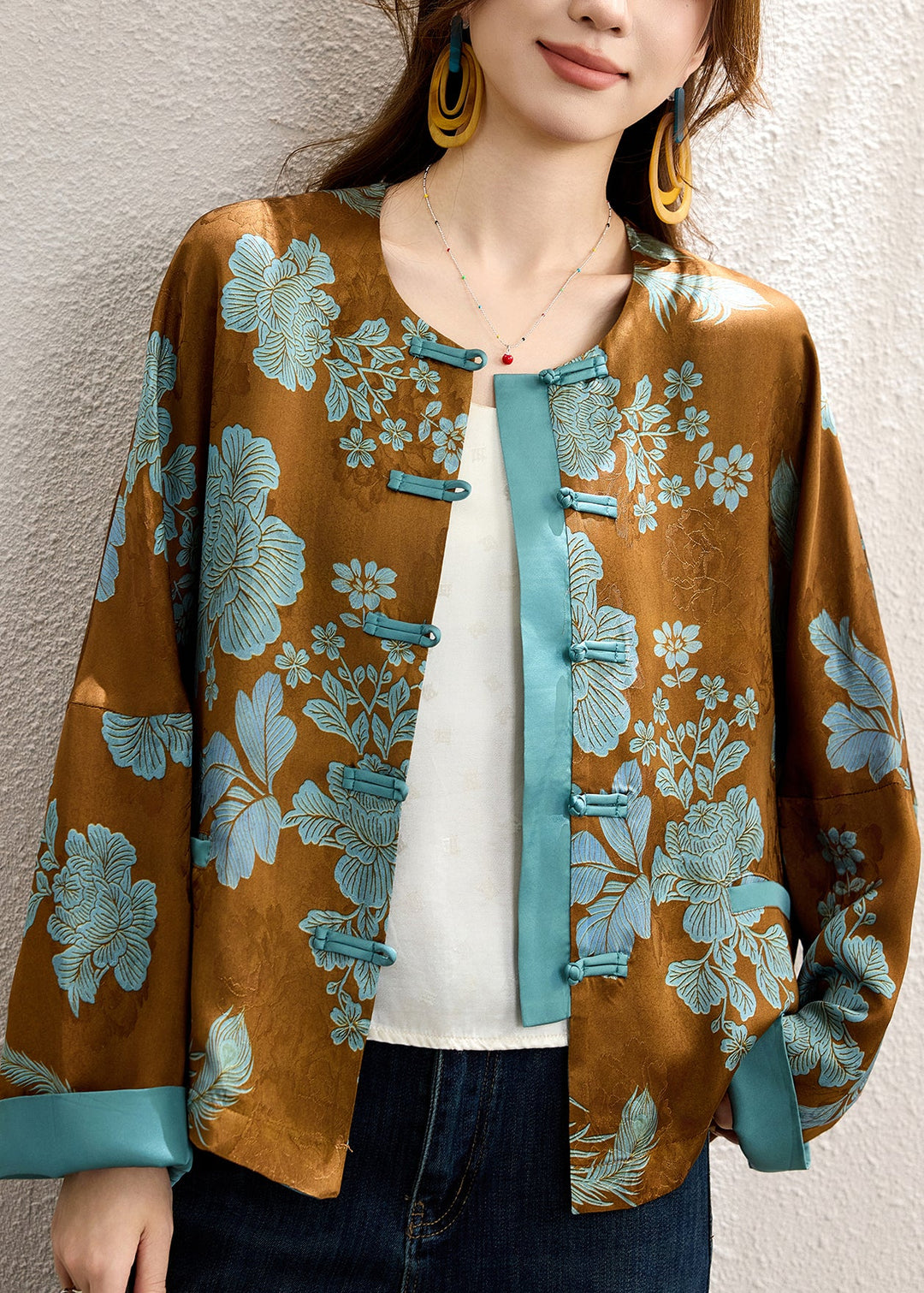 Jacquard Brown Chinese Button Patchwork Silk Coats Fall