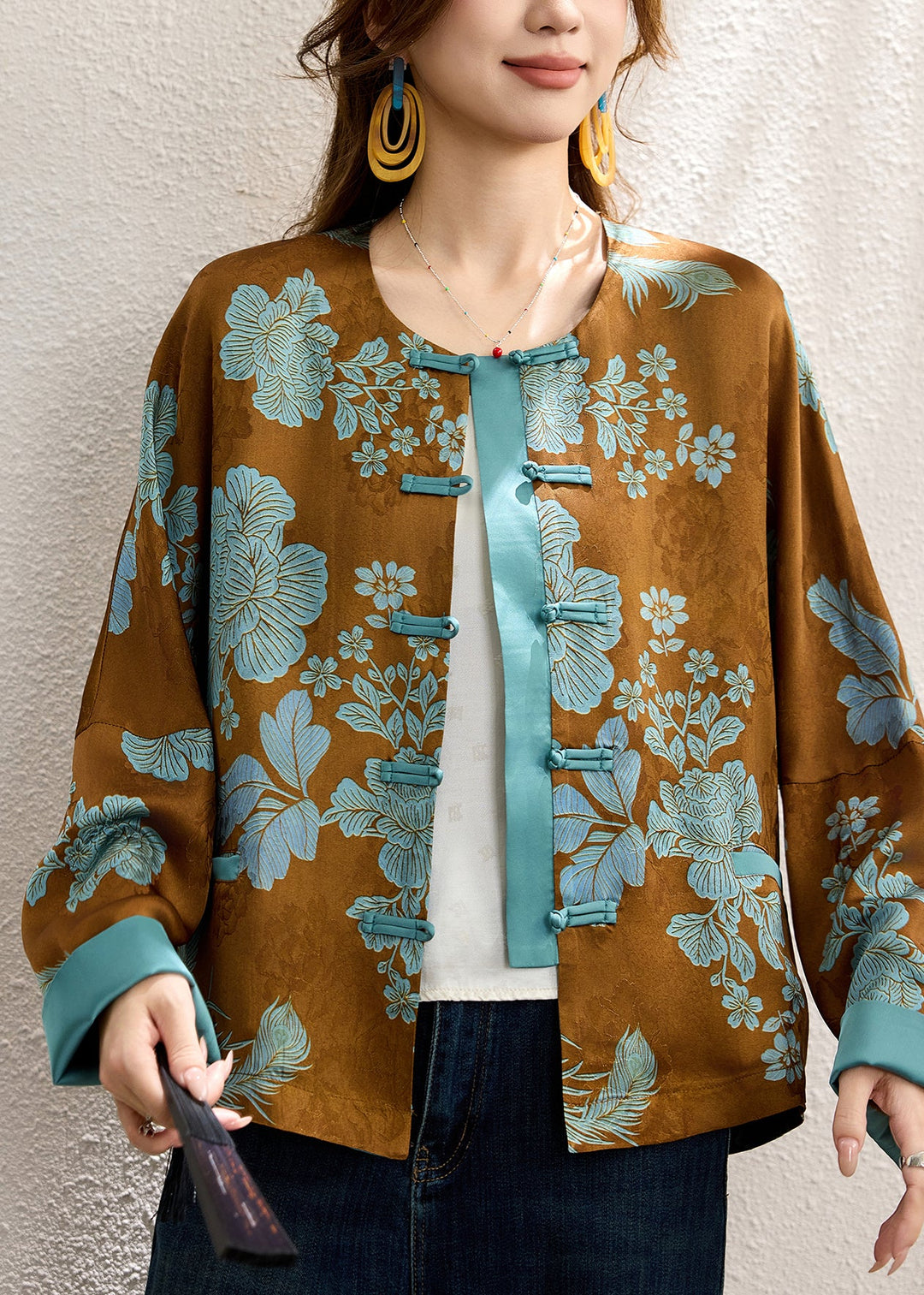 Jacquard Brown Chinese Button Patchwork Silk Coats Fall