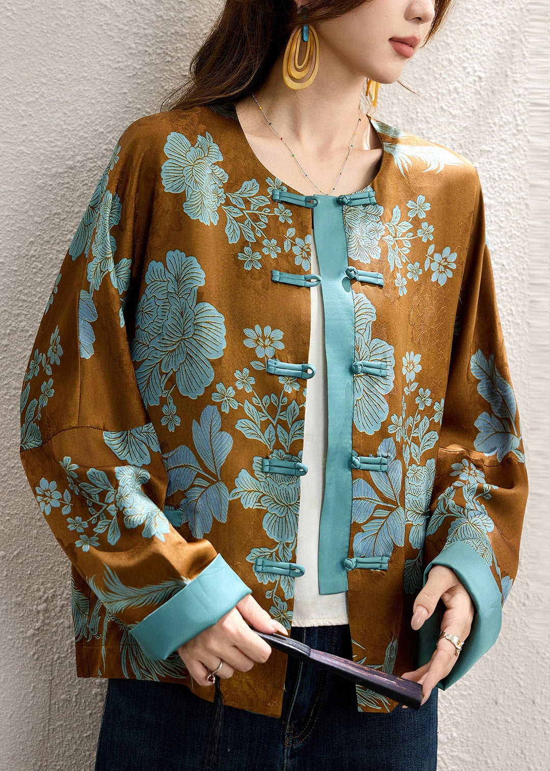 Jacquard Brown Chinese Button Patchwork Silk Coats Fall