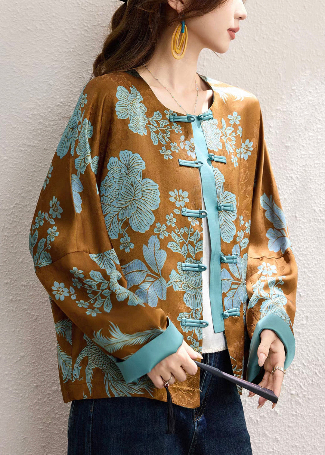 Jacquard Brown Chinese Button Patchwork Silk Coats Fall
