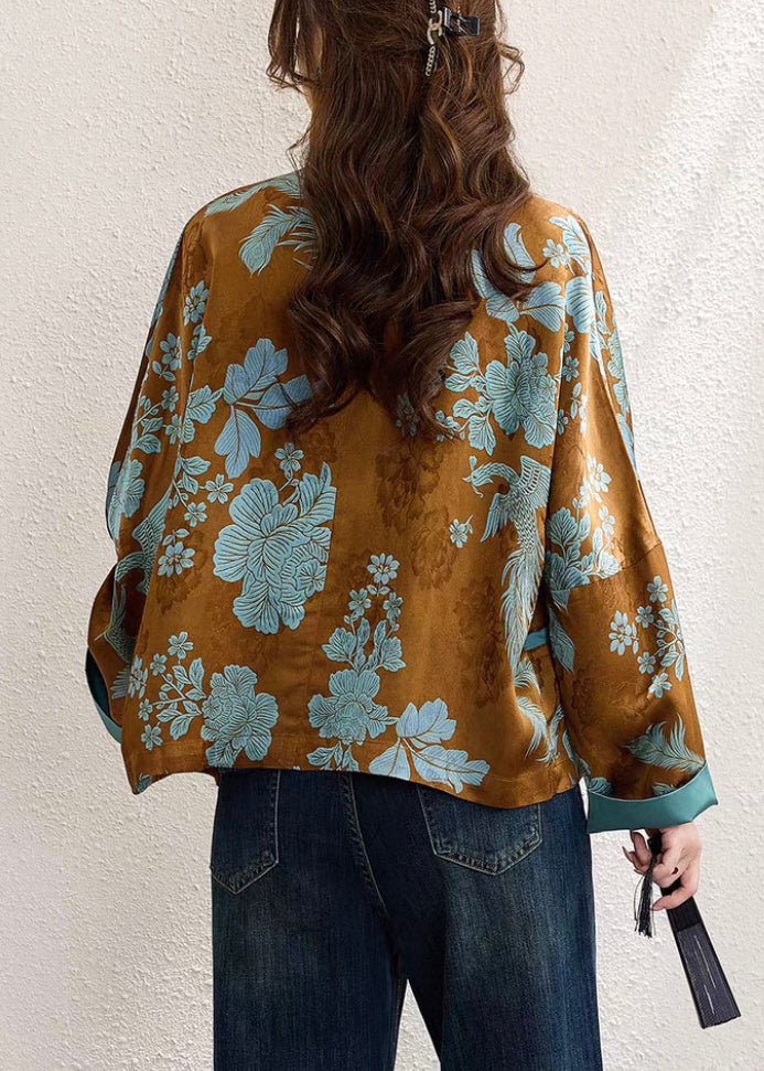 Jacquard Brown Chinese Button Patchwork Silk Coats Fall