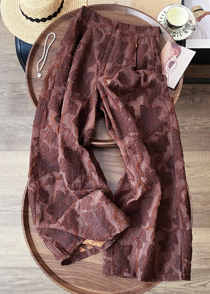 Jacquard Brown Zippered High Waist Cotton Pants Fall