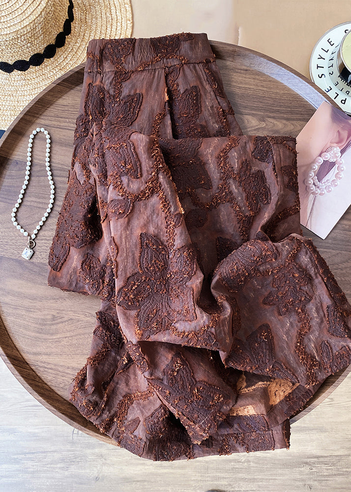 Jacquard Brown Zippered High Waist Cotton Pants Fall