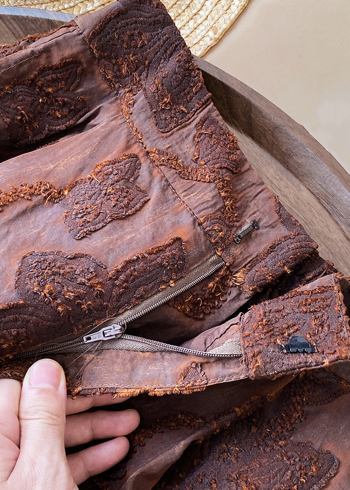 Jacquard Brown Zippered High Waist Cotton Pants Fall