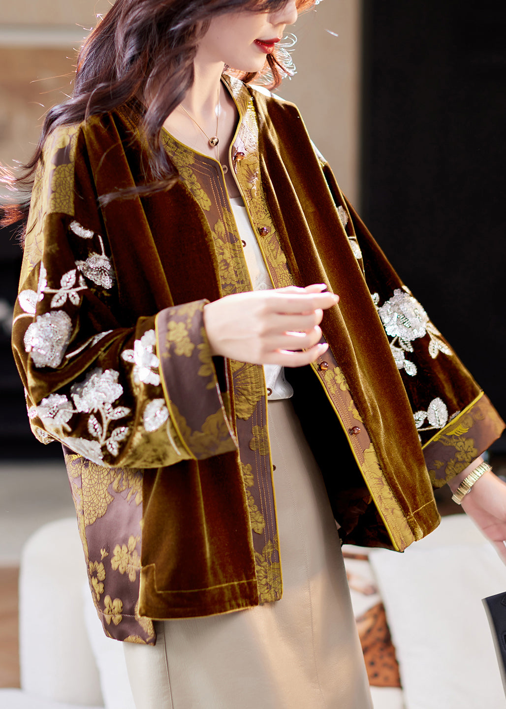 Jacquard Coffee Button Sequins Patchwork Silk Velvet Coats Spring