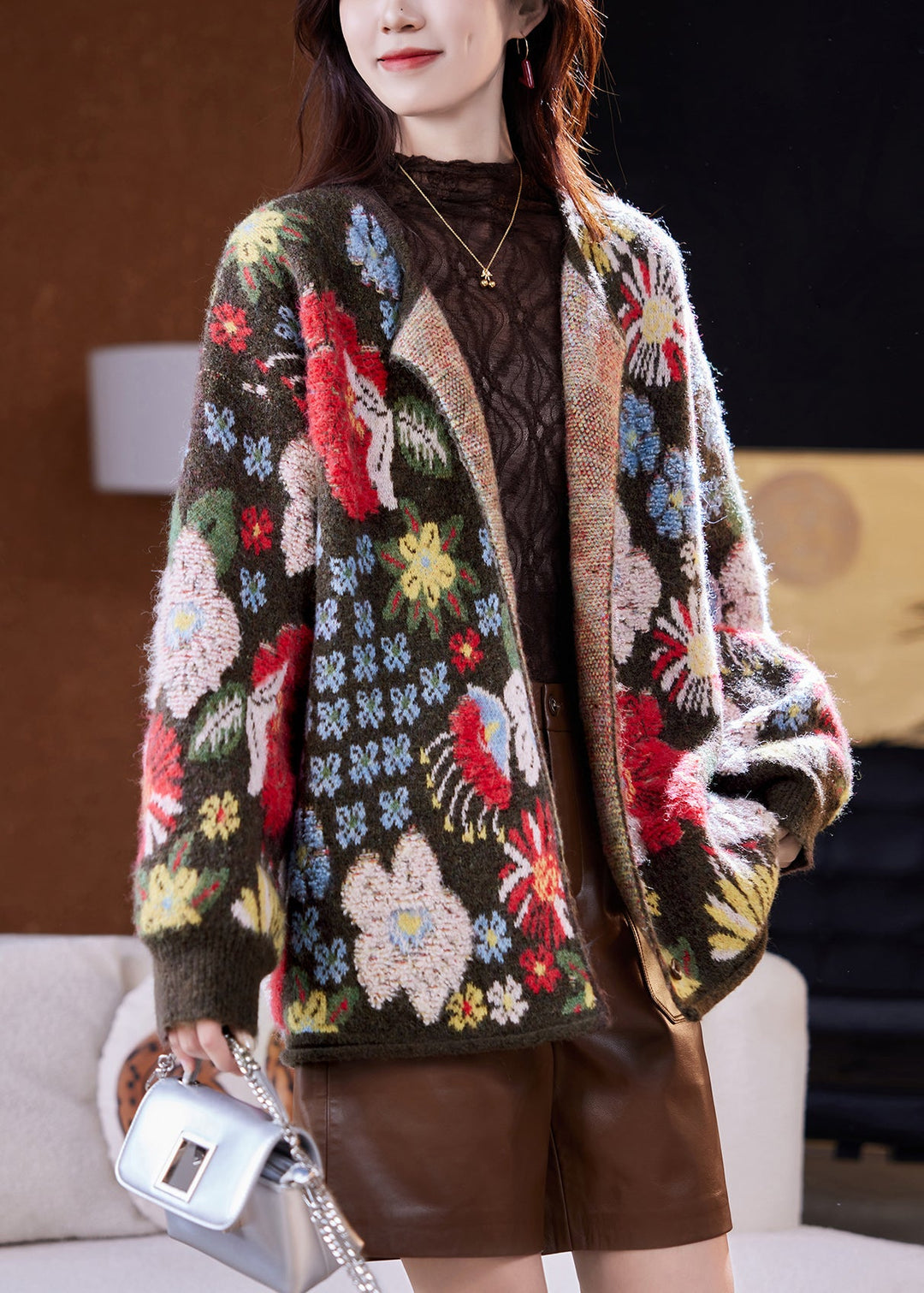 Jacquard Coffee O-Neck Button Patchwork Wool Knit Coat Spring