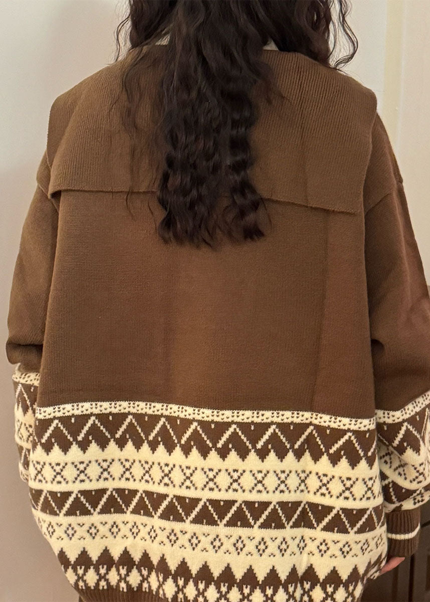 Jacquard Coffee Sailor Collar Lace Up Knit Sweater Spring