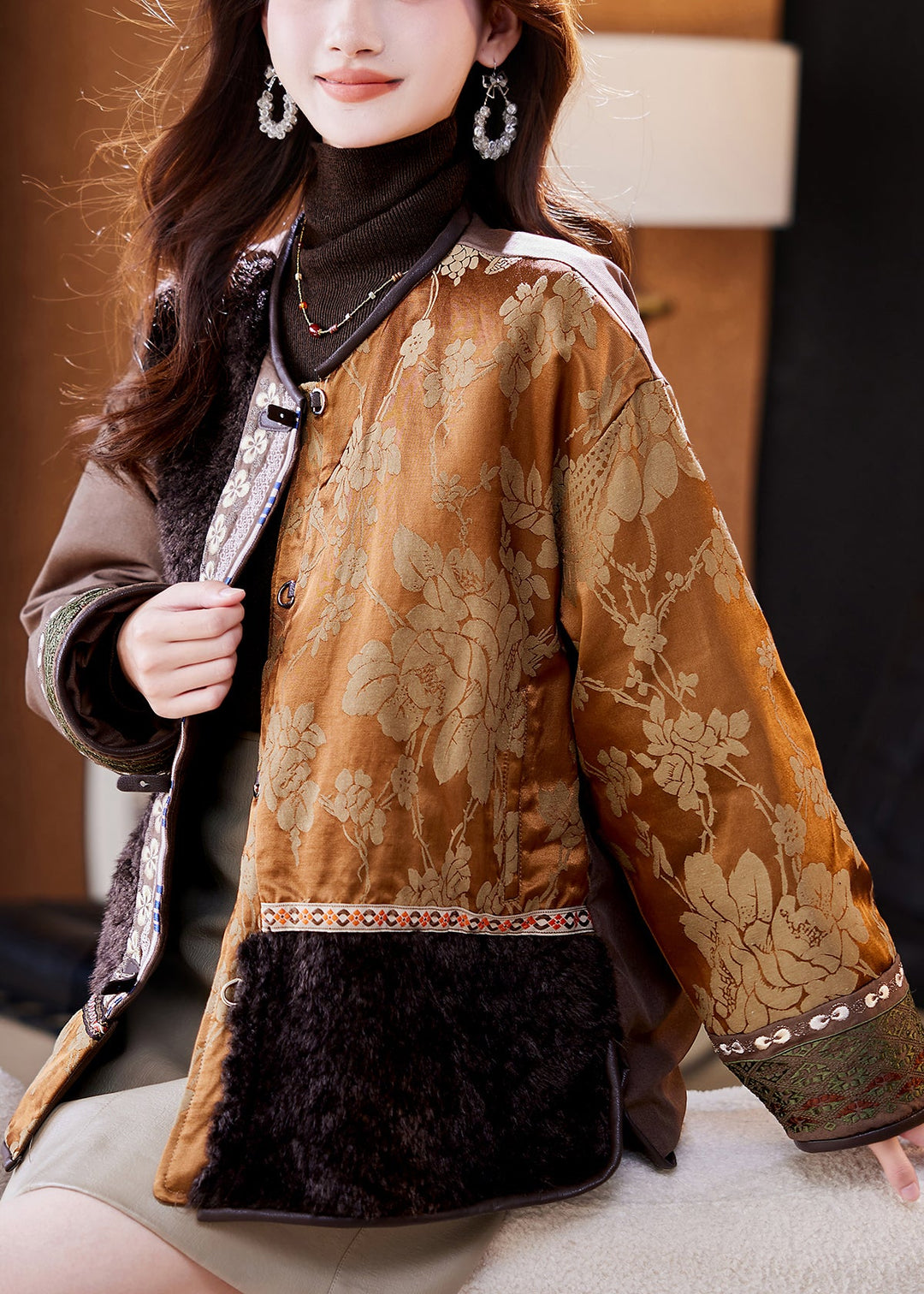 Jacquard Colorblock Asymmetrical Button Duck Down Coats Winter
