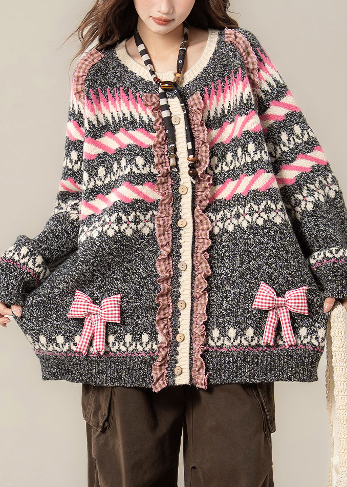 Jacquard Dark Gray Ruffled Bow Patchwork Knit Coats Spring