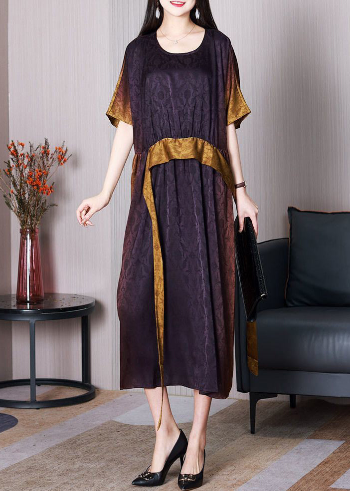 Jacquard Gradient Color O Neck Patchwork Silk Long Dresses Summer