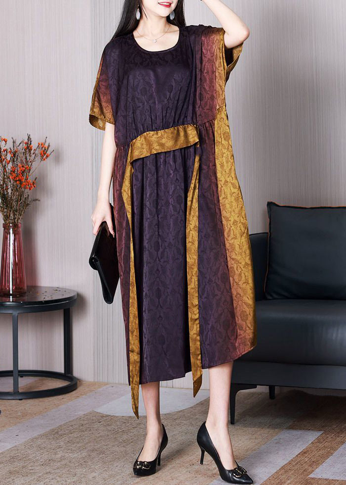 Jacquard Gradient Color O Neck Patchwork Silk Long Dresses Summer