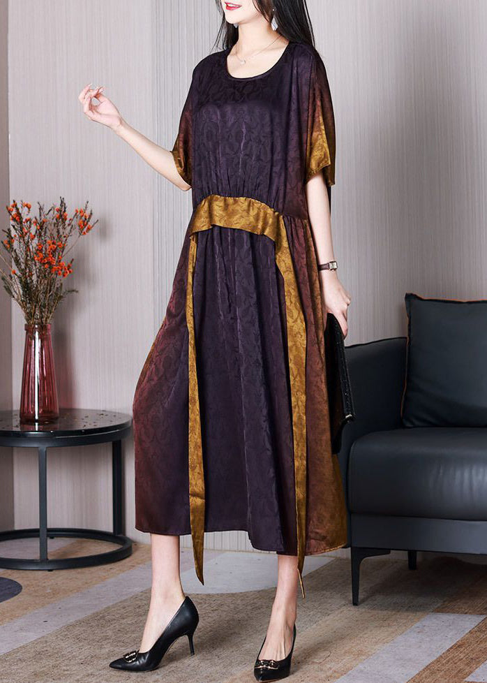 Jacquard Gradient Color O Neck Patchwork Silk Long Dresses Summer