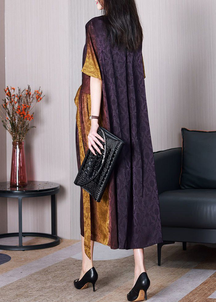 Jacquard Gradient Color O Neck Patchwork Silk Long Dresses Summer