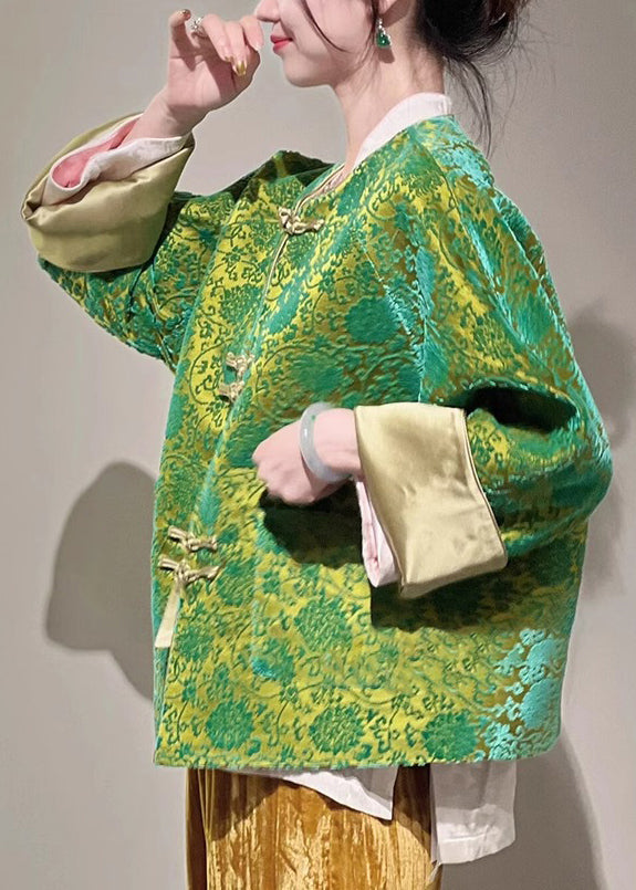 Jacquard Green Button Pockets Silk Blouse Long Sleeve