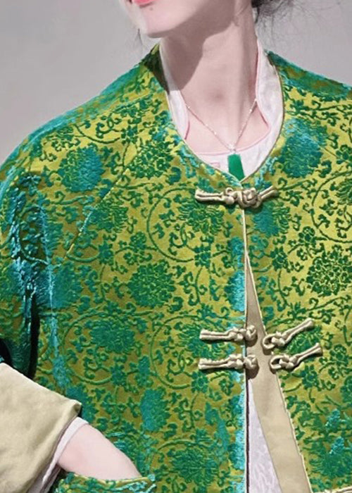 Jacquard Green Button Pockets Silk Blouse Long Sleeve