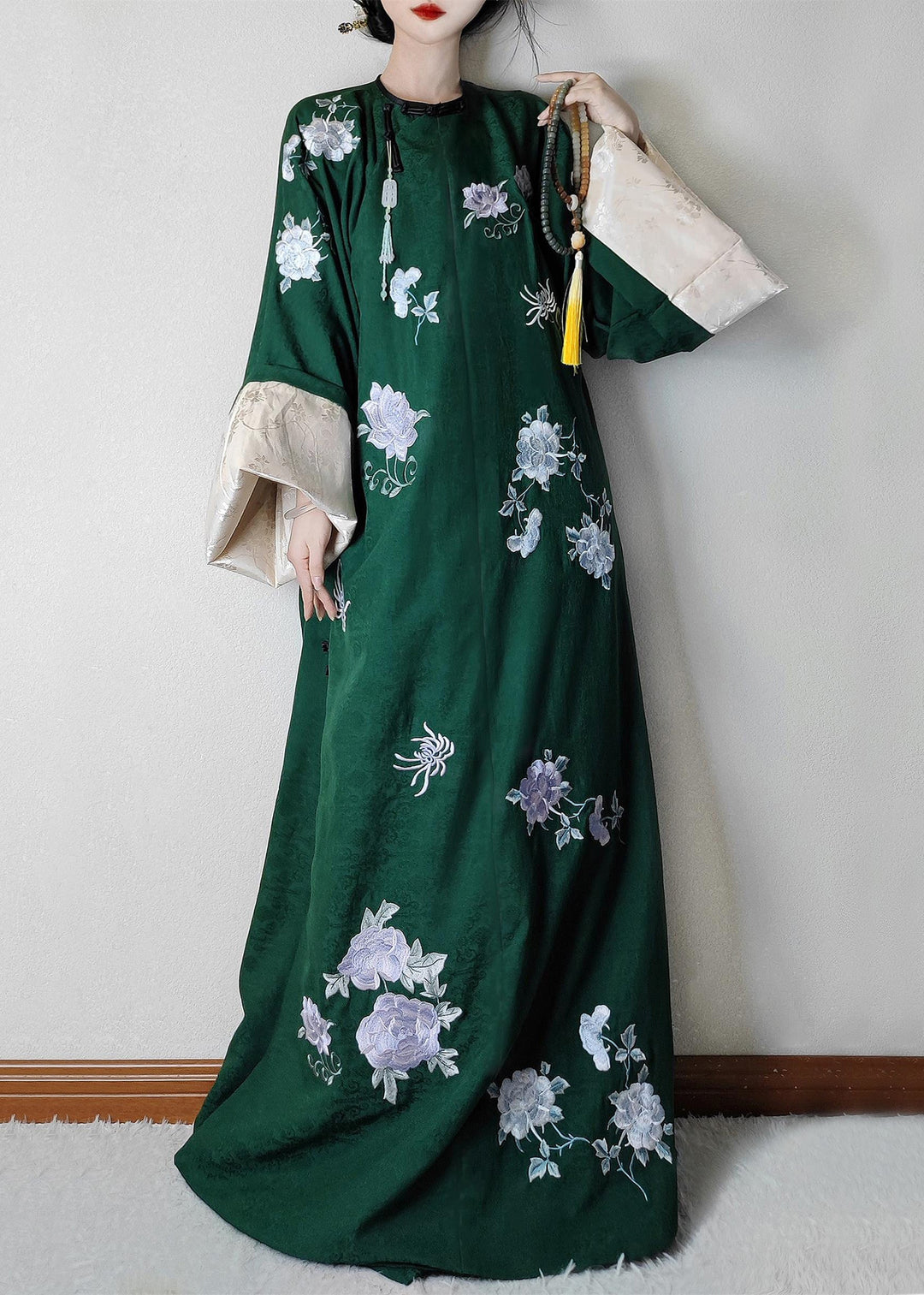 Jacquard Green Embroidered Button Silk Maxi Dresses Long Sleeve