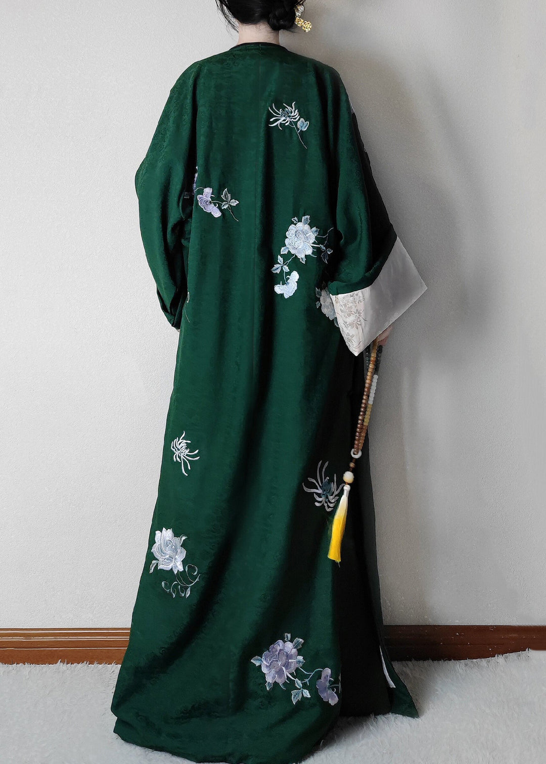 Jacquard Green Embroidered Button Silk Maxi Dresses Long Sleeve