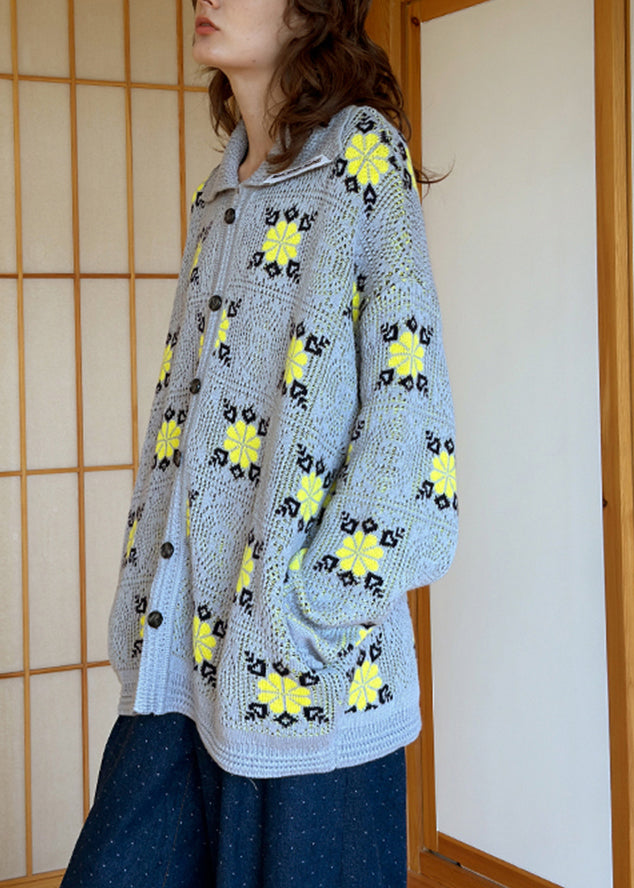 Jacquard Grey Peter Pan Collar Button Knitted Cotton Coats Fall