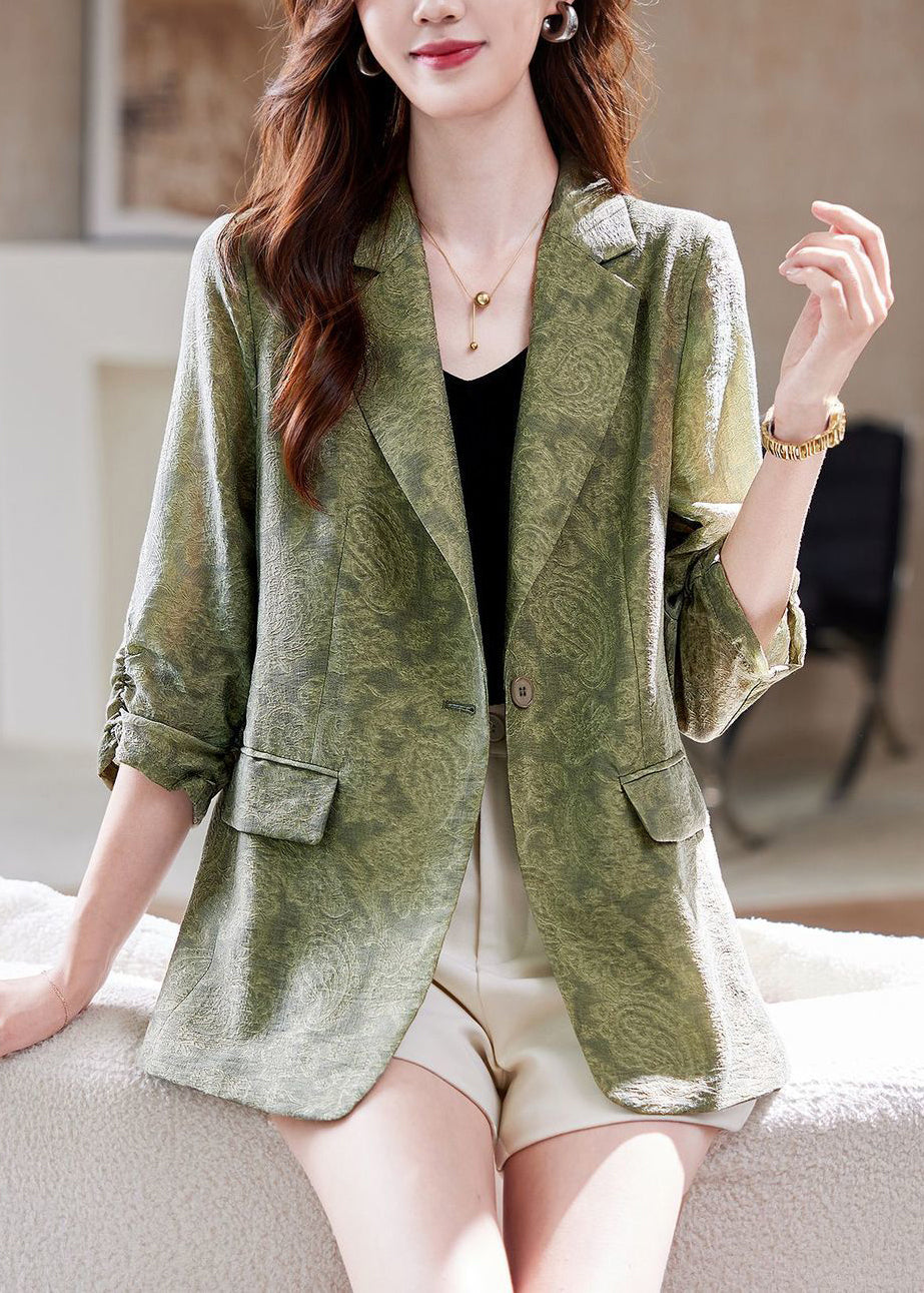 Jacquard Grey Peter Pan Collar Button Pockets Silk Coats Half Sleeve