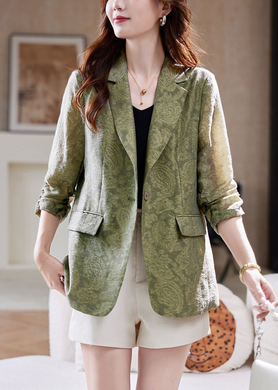 Jacquard Grey Peter Pan Collar Button Pockets Silk Coats Half Sleeve