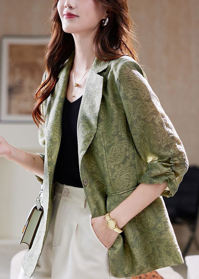 Jacquard Grey Peter Pan Collar Button Pockets Silk Coats Half Sleeve