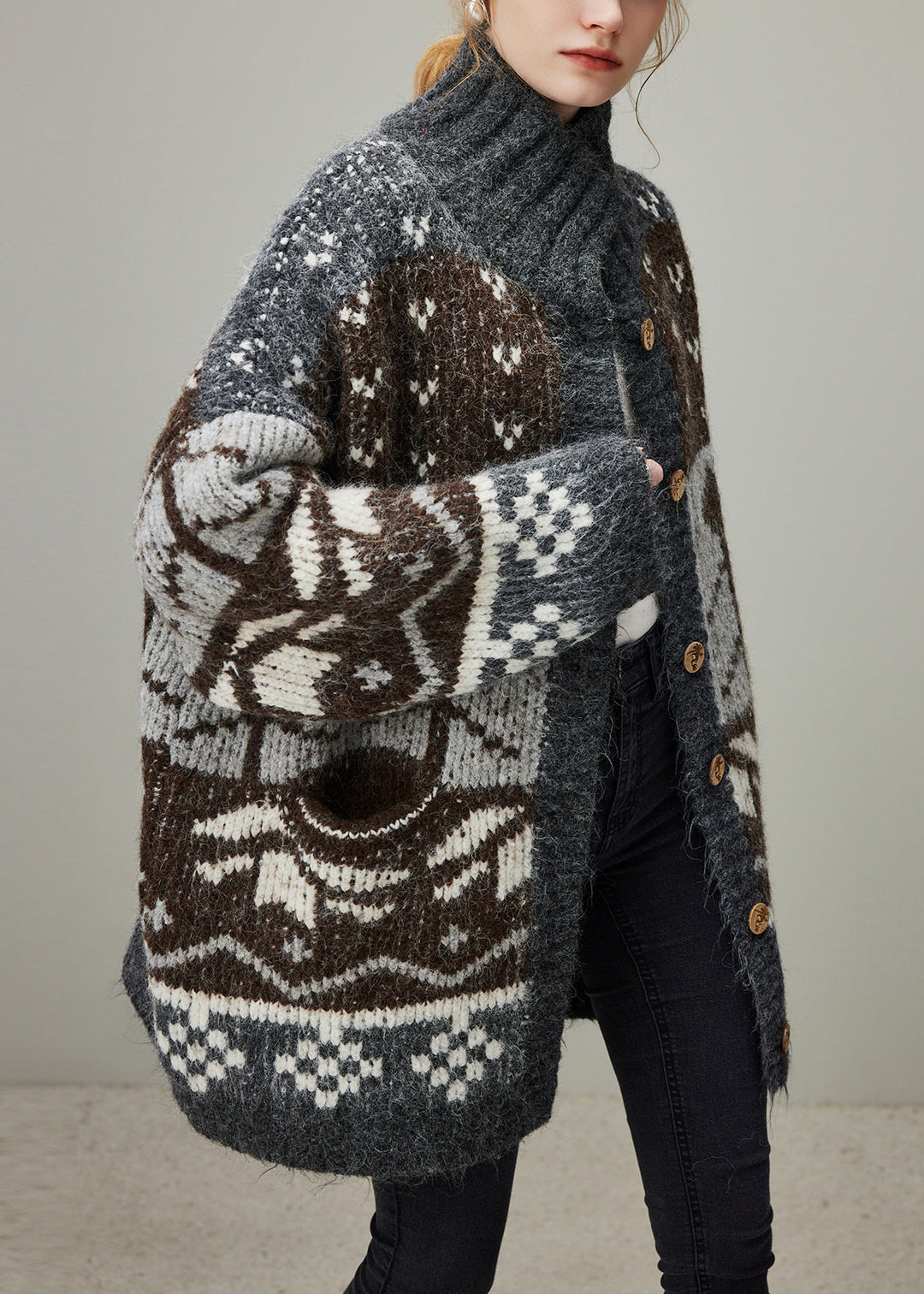 Jacquard Grey Turtleneck Button Patchwork Knit Coat Winter