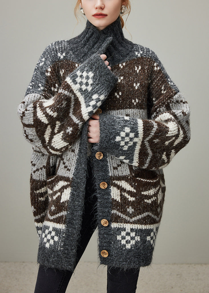 Jacquard Grey Turtleneck Button Patchwork Knit Coat Winter