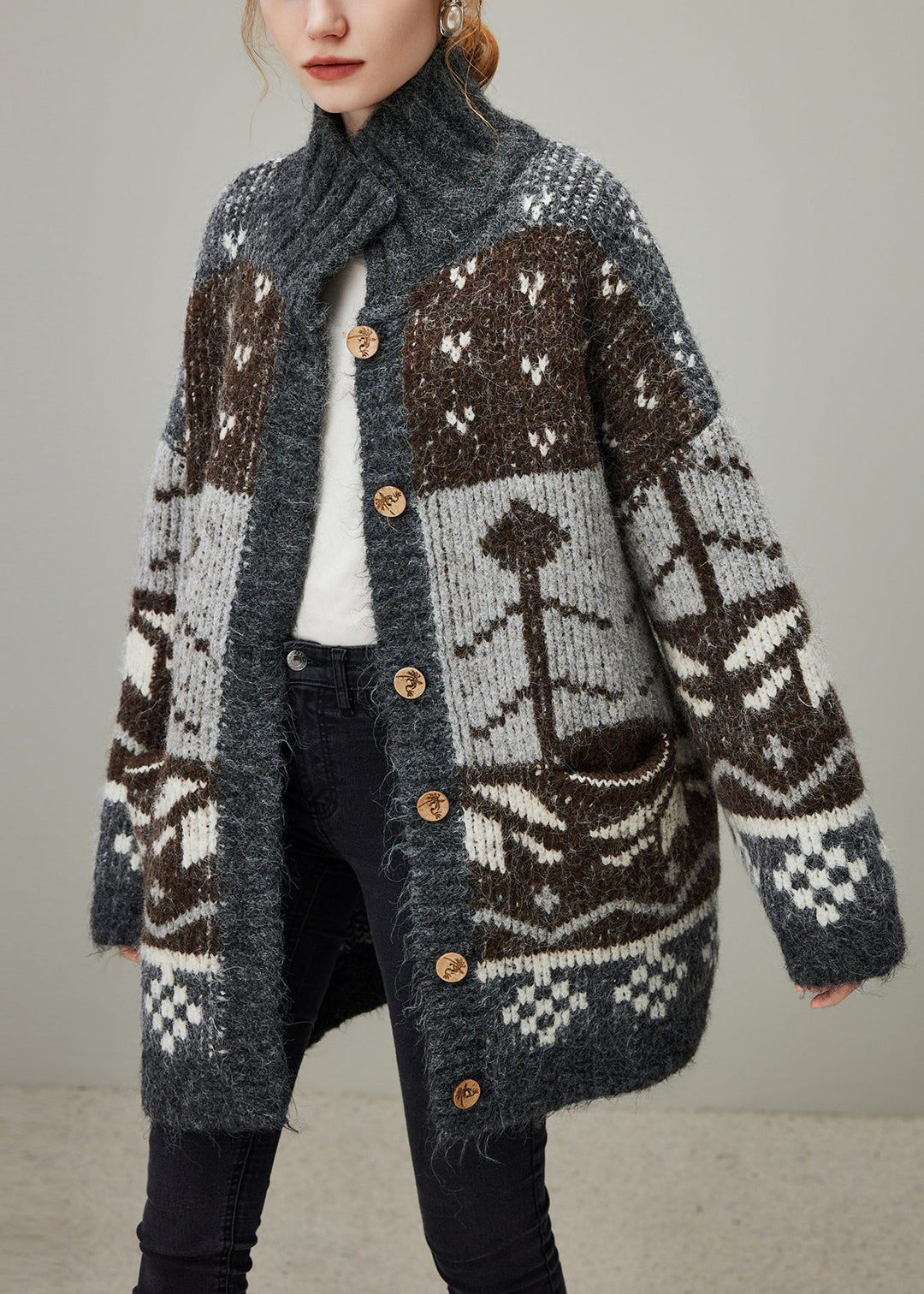 Jacquard Grey Turtleneck Button Patchwork Knit Coat Winter