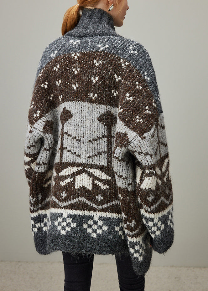 Jacquard Grey Turtleneck Button Patchwork Knit Coat Winter