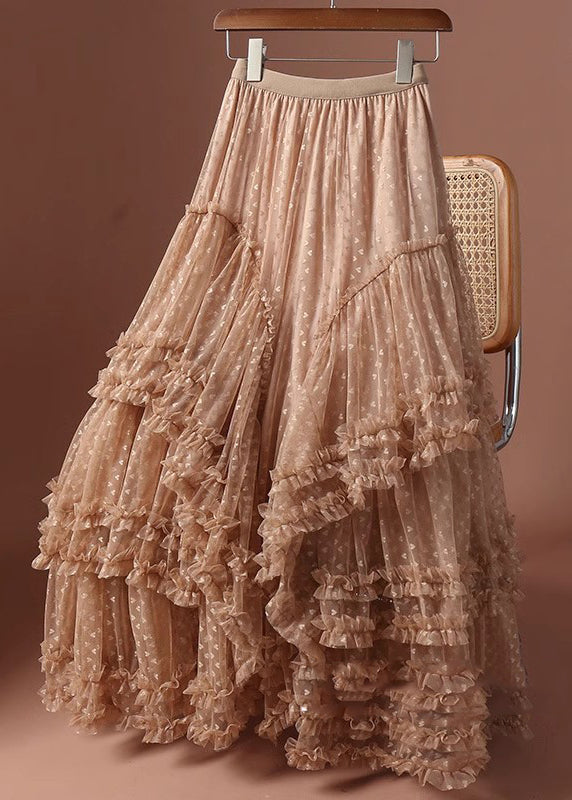 Jacquard Khaki Ruffled Patchwork Love Tulle Maxi Skirts