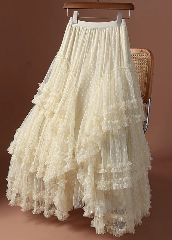 Jacquard Khaki Ruffled Patchwork Love Tulle Maxi Skirts