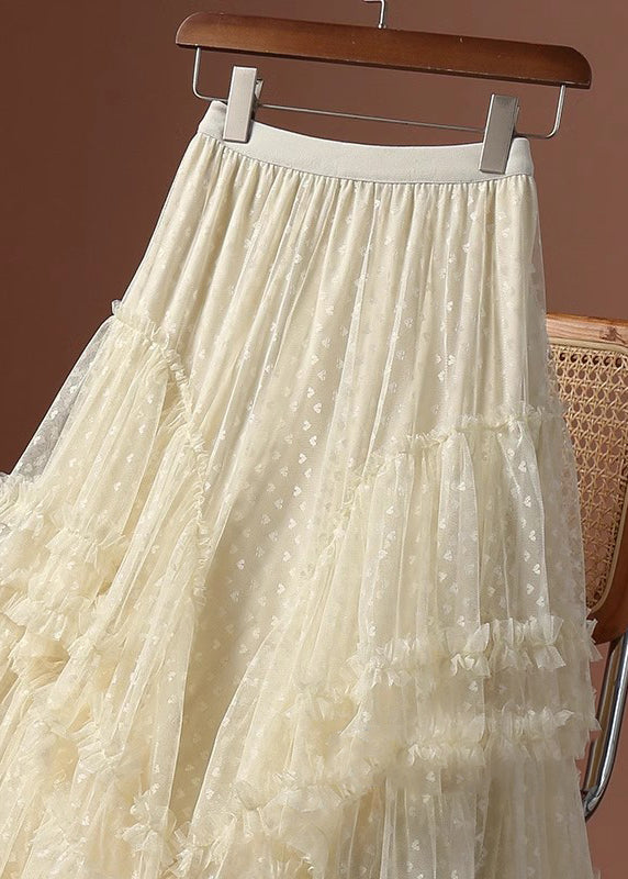 Jacquard Khaki Ruffled Patchwork Love Tulle Maxi Skirts