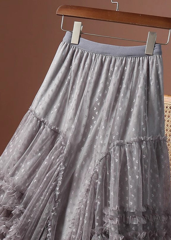 Jacquard Khaki Ruffled Patchwork Love Tulle Maxi Skirts