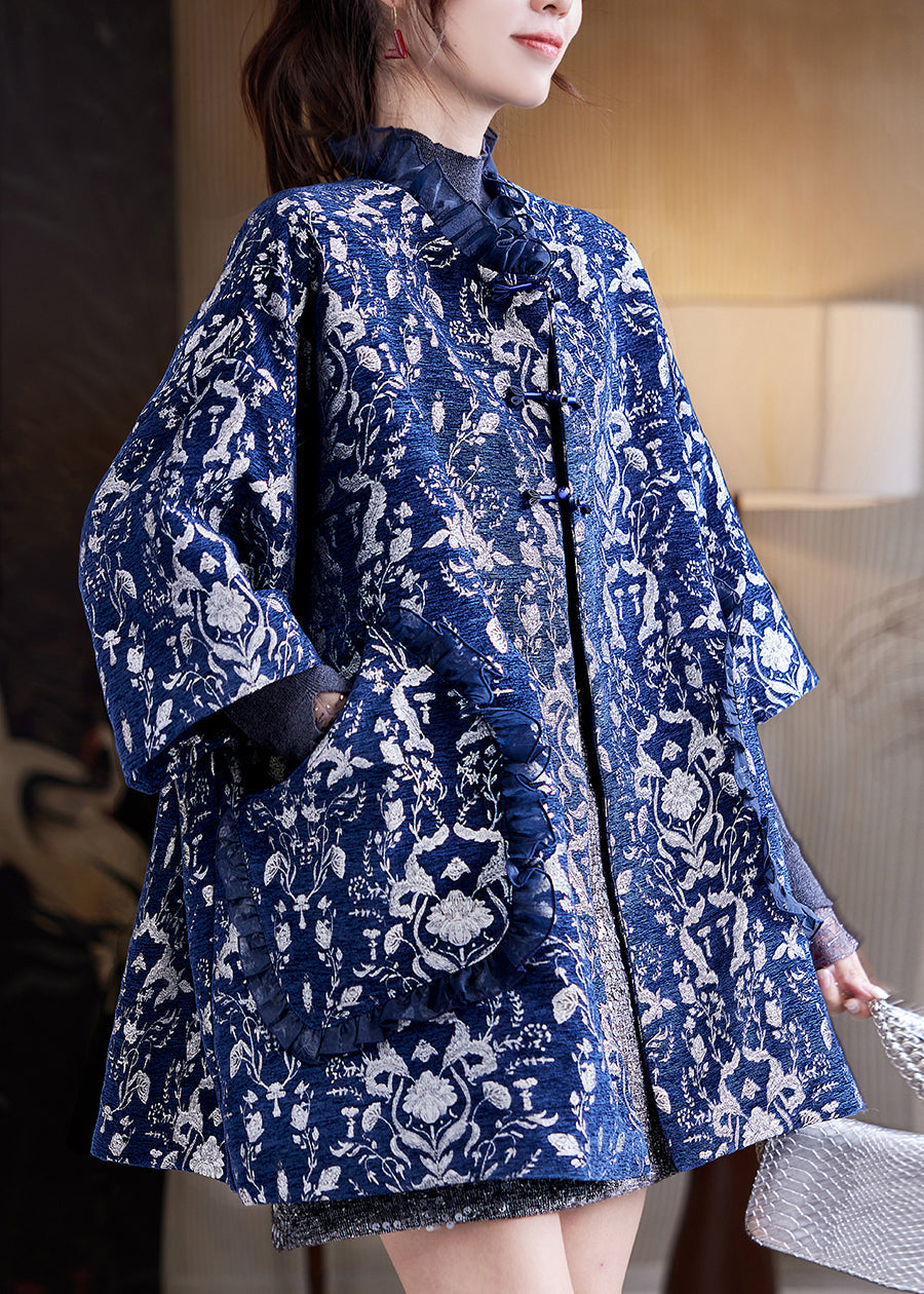 Jacquard Navy Blue Pockets Thick Coat Three Quarter Sleeve Sleeve