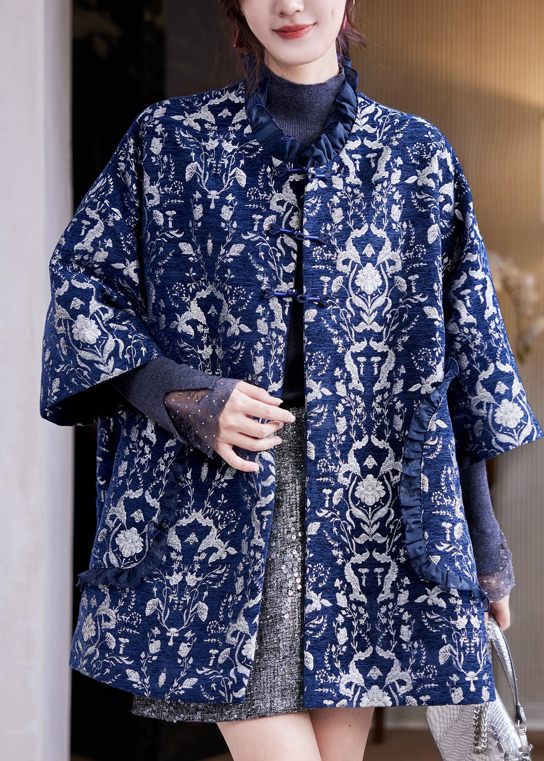 Jacquard Navy Blue Pockets Thick Coat Three Quarter Sleeve Sleeve