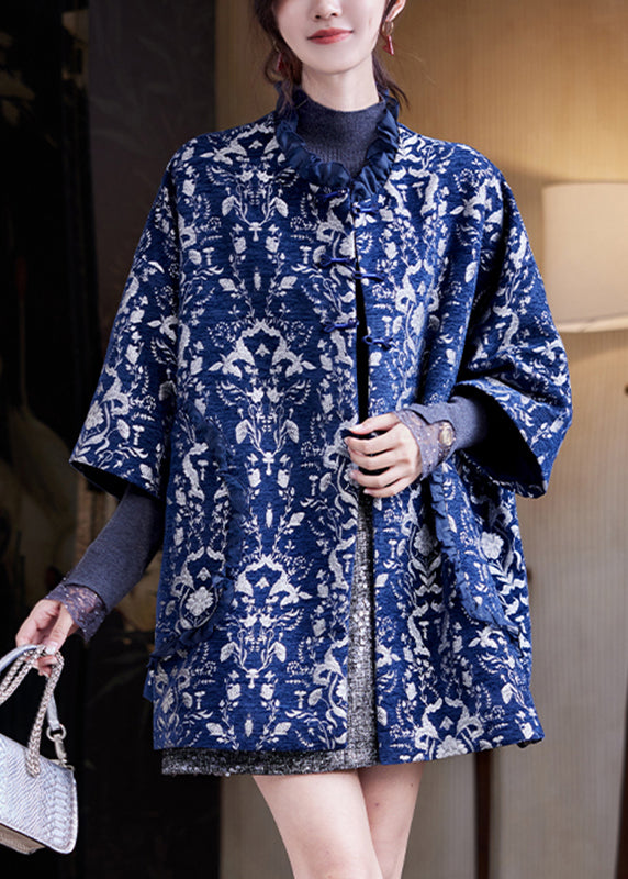Jacquard Navy Blue Pockets Thick Coat Three Quarter Sleeve Sleeve
