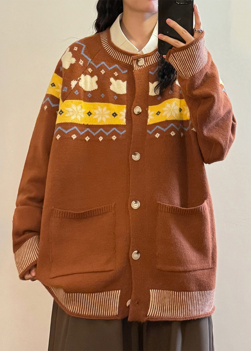 Jacquard Navy Button Pockets Cozy Knit Coats Spring