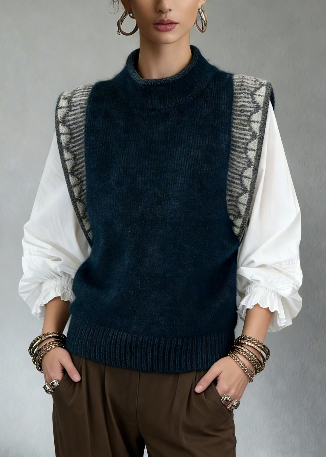 Jacquard Navy Cozy Patchwork Knit Vest Sleeveless - Omychic