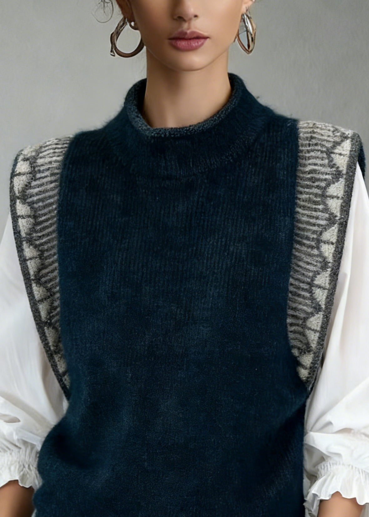 Jacquard Navy Cozy Patchwork Knit Vest Sleeveless - Omychic