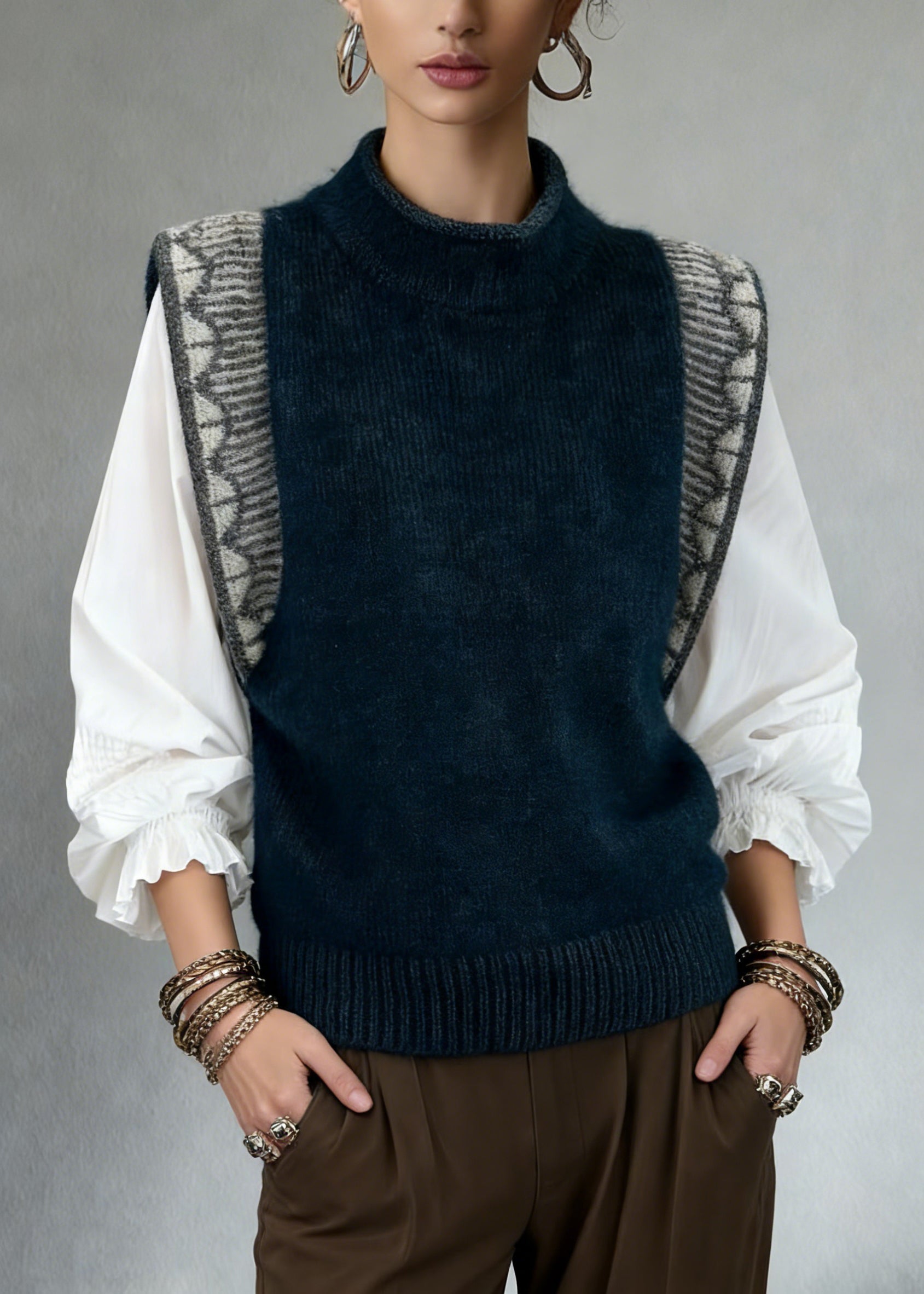 Jacquard Navy Cozy Patchwork Knit Vest Sleeveless - Omychic