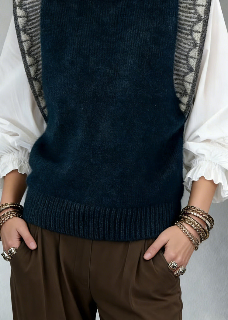 Jacquard Navy Cozy Patchwork Knit Vest Sleeveless - Omychic